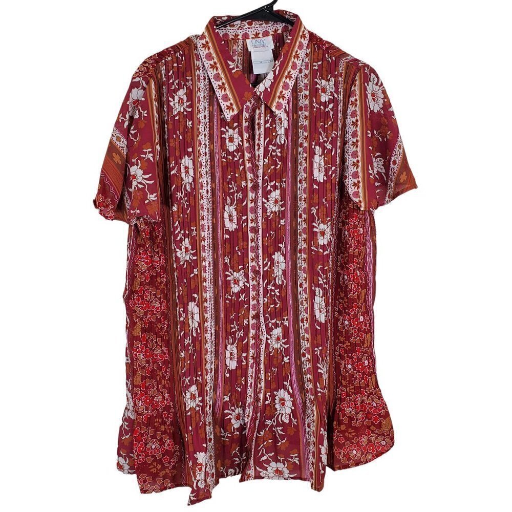 Only Necessities Womens 1X‎ Red Orange Floral Pleated Accordion Tunic Top EUC